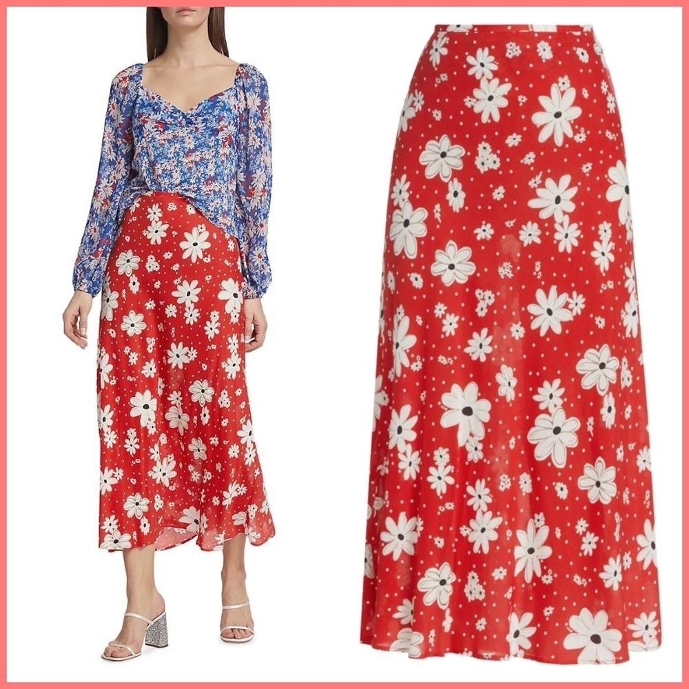 RIXO LONDON Kelly Midi-skirt In Red Polka Dot Daisy